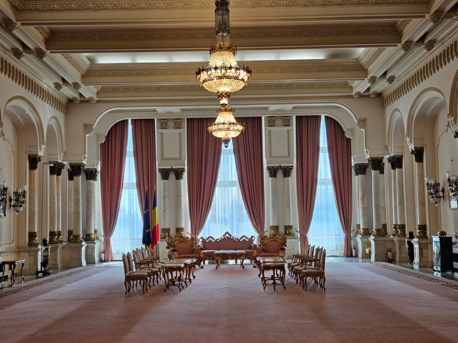 Grand hall inside the Palace of Parliament in Bucharest, Romania